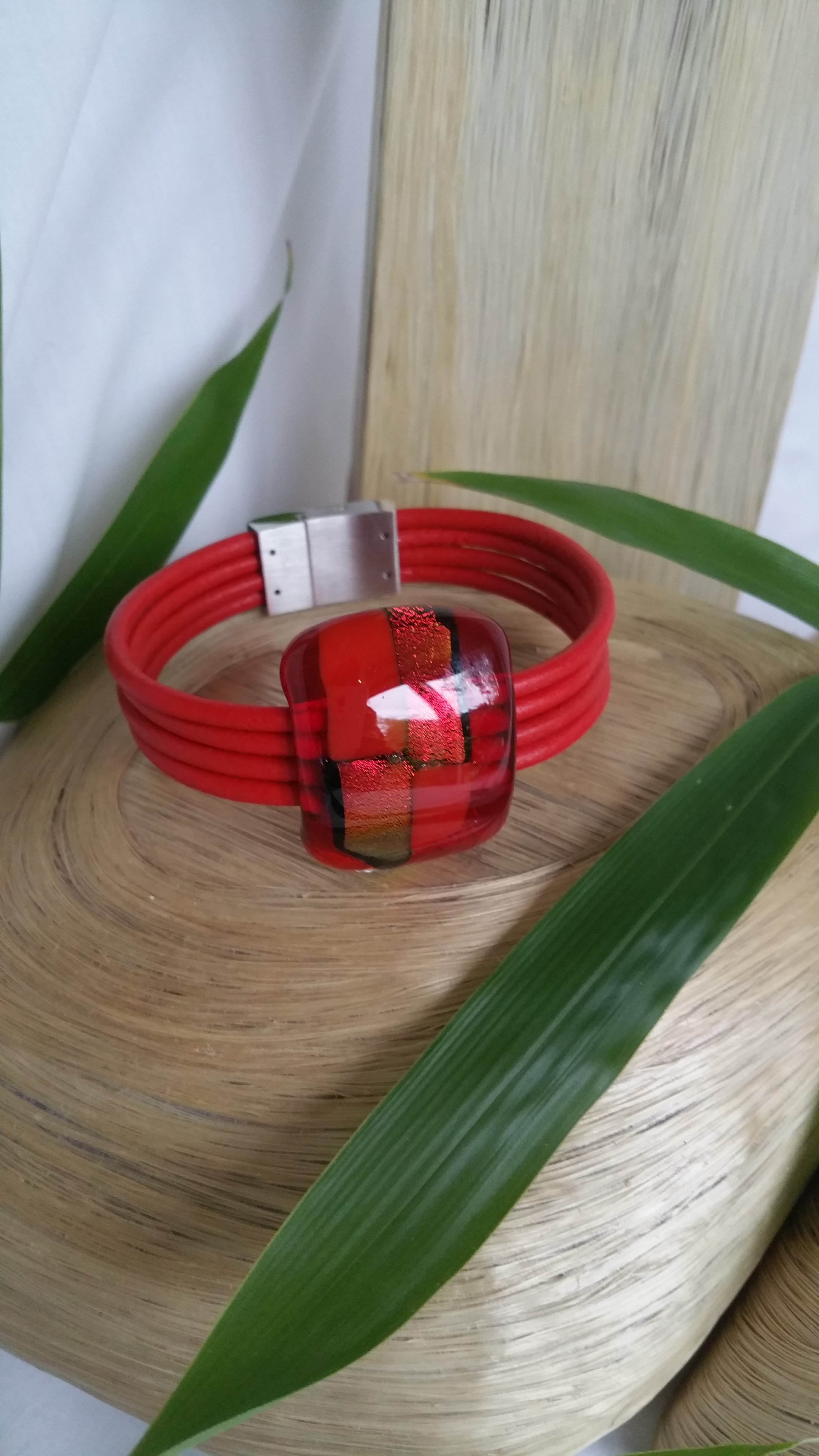 fused glass with leather and magnetic clasp